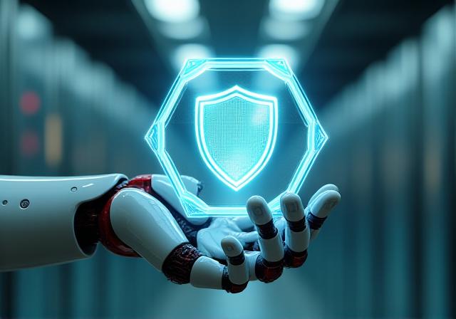 Robotic hand holding a glowing digital secure hexagon